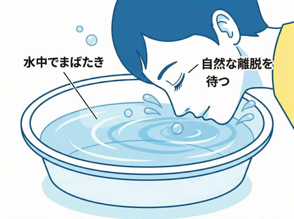 まばたきと水洗法で除去